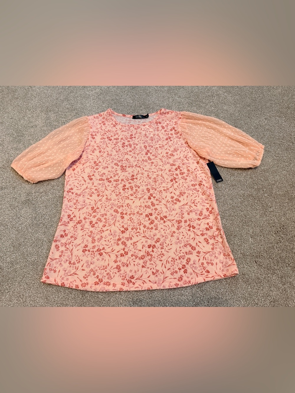 NWT CURE. Pink Floral Blouse S Balloon Puff Swiss Dot Pleated Sheer Sleeve Top